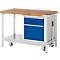 Workbench with wooden top, blue drawers, white frame, and wheels.