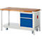 Mobile workbench with wooden top, blue drawer cabinet and red handle.