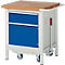 Workbench with blue drawers, wooden tabletop, on wheels.