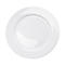 A white plate with a curved surface. The shape is round, with a slightly raised edge.