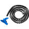 Black cable spiral and blue threading aid, twisted on a white background.