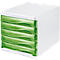 White document organizer with four transparent green drawers.