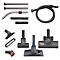Various vacuum cleaner attachments and accessories, including tubes, brushes, and nozzles.