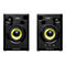 Zwei schwarze Hercules DJ Monitor 42 Lautsprecher mit gelben Tieftöner-Membranen vor weißem Hintergrund.
