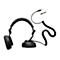 Schwarze Over-Ear-Kopfhörer mit Spiralkabel und Adapter vor weißem Hintergrund.