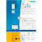 Flyer bleu avec informations sur le produit, présentations d'étiquettes, logos et texte.