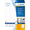White adhesive labels for outdoor use. Blue and yellow packaging with logo and product information.