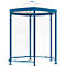 Blue and white bus shelter. Rectangular shape, glazed side walls. Pyramid-shaped roof, clear panes.