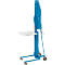 Blue lever lift with white platform. A crank drive and wheels on the ground on the right.