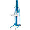 Blue lifter with white platform. Standing on wheels. Details: lettering, yellow warning signs.