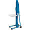 Blue lever lifter with white platform and wheels. Manufacturer's logo.