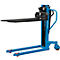 Blue forklift against white background. Black forks stand out. Red rollers. Inscription: HanseLifter.