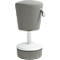 Grey standing stool with white base. A handle is attached to the stool.