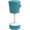 Stool with blue fabric cover, white frame and handle.