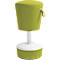 Green stool with white base and handle. The seat is round, the stool tapers downwards.