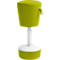 Stool with green seat, white frame, and handle. The seat is round and covered with fabric. The frame is height adjustable.