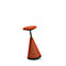 An orange standing stool with black base, column, and seat against a white background.