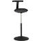 Black standing stool with round seat and T-shaped backrest. Height adjustable, with round base.