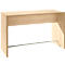 A light wood desk. It has a rectangular shape and a metal footrest.