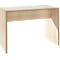 A light, rectangular wooden desk. It stands on two solid side panels and a table top. Simple, functional design.