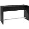 Black bar table with angular design, a footrest, and a simple shape.