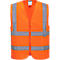 Orange high-visibility vest with zipper and reflective stripes. A label is attached at the top left.