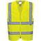 Yellow safety vest with zipper and silver reflectors. It has strips on the chest, stomach and shoulders.