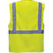 Yellow safety vest with grey reflective stripes. Rear view, detail shot.
