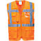 Orange high-visibility vest with zipper, pockets, and reflective stripes. A clear pocket is on the chest.