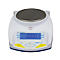 A white laboratory scale with a round weighing pan and a blue display showing 0.000g. Manufacturer: Adam Equipment.