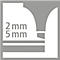 Gray square with white elements. On the left is '2 mm' and '5 mm'.