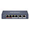 Hikvision Netzwerk-Switch mit 6 Ports, Hi-PoE- und PoE-Anschlüssen sowie zwei Uplink-Ports vor weißem Hintergrund.