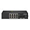 Schwarzer Hikvision Gigabit Industrial PoE Switch mit acht RJ45-Ports und zwei SFP-Anschlüssen vor weißem Hintergrund.