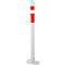 White and red bollard with rounded top and base plate.