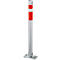 Gray bollard with red and white stripe, standing on a rectangular base plate.