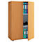 Light brown cabinet, doors open. Folders stand in shelves. On a shelf stands a black shoe.