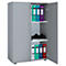 Gray cabinet with open door. Inside, file folders in various colors and shoes on the shelves.