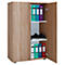 An open cabinet with wood grain. Shelves with binders and shoes. The door is open.
