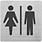 Graues Toilettenschild mit zwei Piktogrammen: eine Frau und ein Mann, getrennt durch eine vertikale Linie.