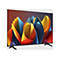 Flacher Hisense Fernseher mit schwarzem Rahmen und Standfüßen zeigt abstraktes, farbenfrohes Design auf dem Display.