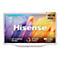 Hisense DecoTV mit weißem Rahmen zeigt ein buntes Feder-Motiv, Schriftzüge zu Art-Design, Hi-QLED und Dolby Atmos.