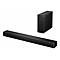Schwarze Hisense Soundbar mit einem separaten, aufrecht stehenden Subwoofer auf weißem Hintergrund.