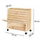 Ein helles Holzregal mit geöffneter Klappe, auf Rollen. Maße: 735x400x790 mm. Oben 300 mm.