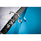 Close-up of a blue binder. The silver metal bar is open, behind it a stack of paper. The right side of the binder can be seen.