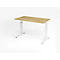 A height-adjustable desk with a wooden top and white legs against a white background.