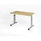 Height-adjustable desk on white background. Wood-look tabletop, silver legs.