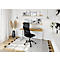Office with desk, chair, shelves and decoration. The chair is black, the walls are white.