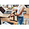 Home Office Schreibtisch TEMPIO, elektrisch höhenverstellbar, geteilte Tischplatte mit Klappe, B 1600 x T 700 x H 640-1280 mm, Hickory-Eiche/anthrazit