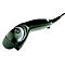 Schwarzer Barcode-Scanner mit Kabel auf weißem Grund.