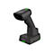 Scanner de codes-barres noir avec station de charge, LED vertes.